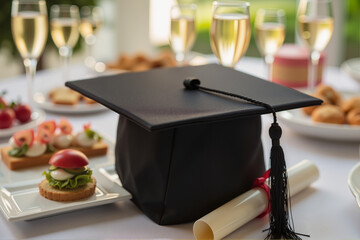 Graduation Cap on Buffet Table - Academic Achievement Symbol with Party Refreshments for Graduation Celebrations and Prom Night Events