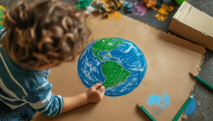 Kid paints a colorful planet Earth on cardboard, highlighting themes of geography, creativity, and environmental awareness. A simple yet powerful image of childhood learning and hope.


