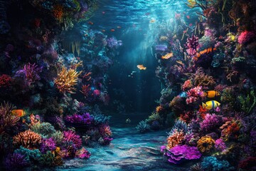 Obraz premium Depiction of a vibrant and colorful coral reef teeming with various marine life .