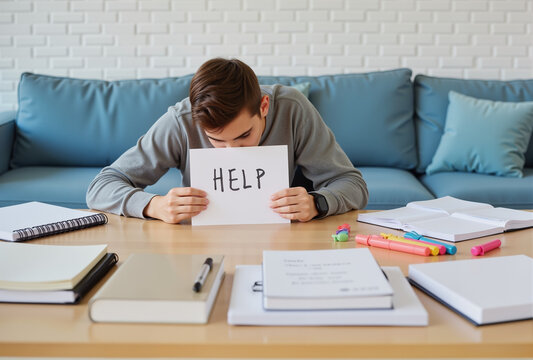 Overwhelmed Student Holding Help Sign – Head Down on Desk with Study Materials for Exam Stress Visualization, Final Exams Anxiety, and Educational Mental Health Awareness