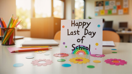 Last Day of School Celebration Setup - Colorful Classroom Desktop with Handmade Sign, Confetti and Stationery for End of Year Parties, Academic Achievement Recognition, and Educational Content