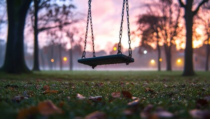 Swing hangs in park at sunrise; foggy background, loneliness, childhood memory