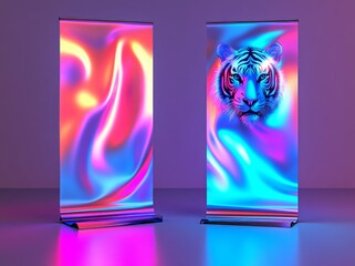 A double-sided roll-up banner with a bold design, featuring a gradient of cyan, black, and white