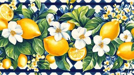 Italian Limoncello Pattern: Lemon Design, Floral Accents, Vibrant Citrus Illustration, Summer Beverage Theme, Mediterranean Style, Decorative Food Print.

