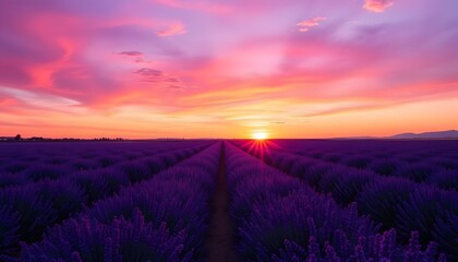 Obraz premium Lavender Field Landscape at Sunset with a Vivid Colorful Sky