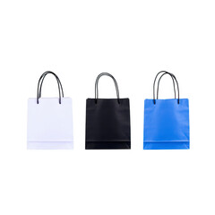 A Three colorful shopping bags with handles are displayed against transparency background, showcasing variety of colors including white, black, and blue. These bags are ideal for retail or gift