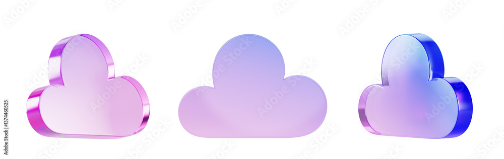 Poster 3d set of glass holographic transparent cloud web icon with pink blue gradient texture in different angles render. Concept of digital data storage, cloud computing technology service