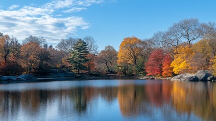 Fototapeta premium Golden colors at Brooks Lake, Staten Island, seen through bokeh