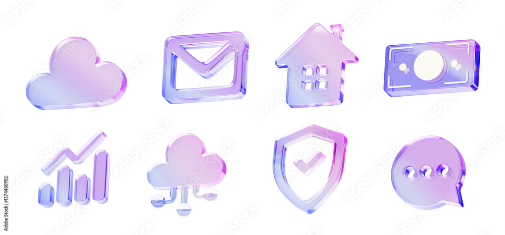 Poster 3d set of glass holographic ui icon for app or web design. Iridescent crystal shield, email envelope, ai cloud, home, money bill, speech bubble and chart with gradient texture render