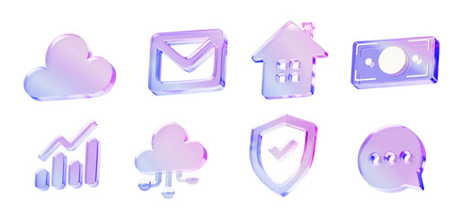 3d set of glass holographic ui icon for app or web design. Iridescent crystal shield, email envelope, ai cloud, home, money bill, speech bubble and chart with gradient texture render