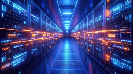 Fototapeta premium A futuristic data center corridor with blue and orange lights illuminating rows of server racks.