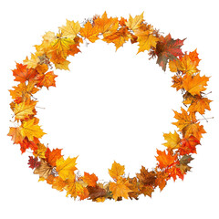 Obraz premium A vibrant autumn wreath made of colorful maple leaves, showcasing shades of orange, yellow, and red, perfect for seasonal decoration