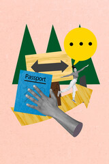 Exclusive image vertical photo collage of happy girl jump forest tree arrow point direction road sign tourism hiker passport