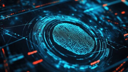 A digital fingerprint displayed on a futuristic interface, featuring blue and orange hues, representing cybersecurity and biometric technology.
