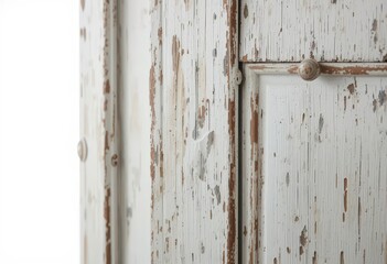 Charming Shabby Chic Wooden Book Cabinet Close up Showing Distressed Paint and White Background Contrast.