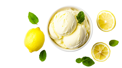 Lemon ice cream with mint leaves, isolated, top view, cut out transparent