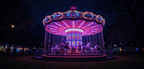  Illuminated Carousel A Glowing Spectacle of Neon, Shining in the Night