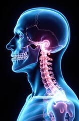 x-ray style illustration of human skull and spine in profile view against dark background. medical anatomy, health care visualization. educational material, science publication, biology textbook.