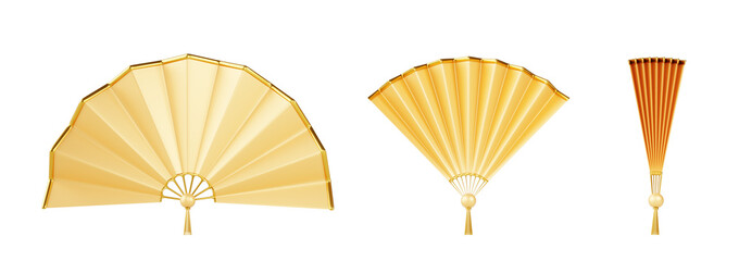 Chinese or Japanese golden hand fan isolated 3d render icon. Realistic set of open and closed folding bamboo and paper fan for traditional dance. Oriental asian accessory with tassel