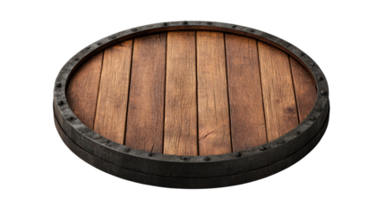 Wood barrel made of planks, metal hoops on black background, cut out transparent