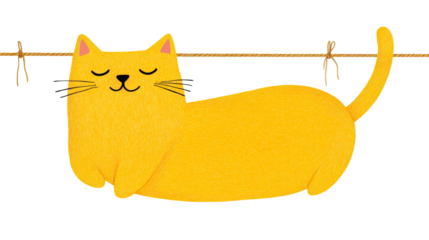Cute yellow cat lying on rope, suspended, asleep, feline, pet, cut out transparent