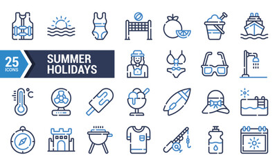 25 Blue Line Icons for Summer Holidays Design.