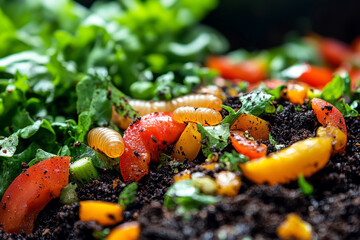 Macro photo of black soldier fly larvae wriggling on decomposing vegetable scraps, composting process in vivid detail