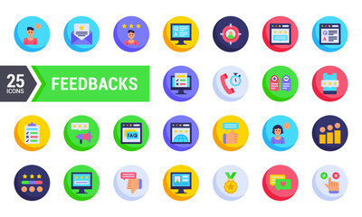 25 Colorful Flat Circle Icons for Feedback and Reviews.