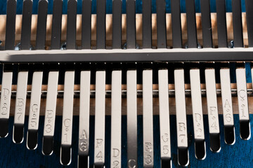 Closeup of the keys of a kalimba.
