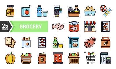 25 Grocery Line Icons in Color for Your Designs.