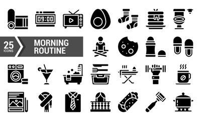 25 Black and White Icons of Morning Routine Activities.