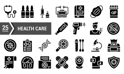 25 Black Glyph Icons for Healthcare and Medicine.