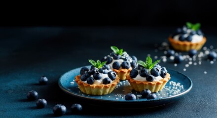 A close-up of exquisite blueberry tarts topped with whipped cream and garnished with fresh mint leaves