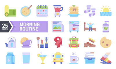 25 Flat Icons of Daily Morning Routine Activities.