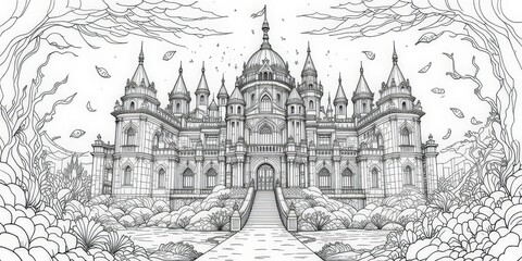  海底龍宮：龍王領域線條畫 龍王海底龍宮的細緻線條畫，展示了其奇幻的建築和海洋生物。