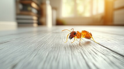 small red ants on white wooden floor, macro shot 