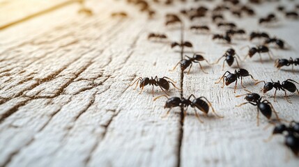 small black ants on white wooden floor, macro shot 