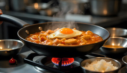 A Japanese Chicken Curry cook in hot flying pan.
