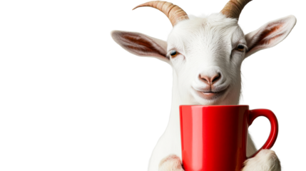 Goat holding a red mug, animal drinking coffee, morning, cut out transparent