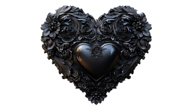 Ornate heart with floral pattern, dark goth style, cut out transparent - Powered by Adobe