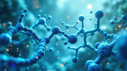 A microscopic view of GLP-1 with its surrounding environment depicted in a vibrant blue hue.