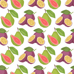 Vector seamless pattern with passion fruits and guavas on white background