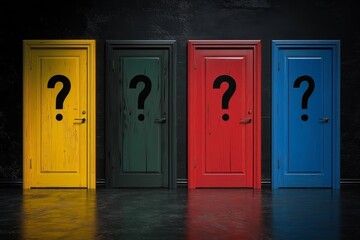 Five vibrant doors with large black question marks on a dark background in hyper realistic style