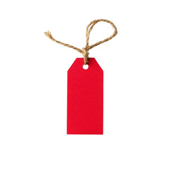 A red paper tag with rustic twine string is isolated on transparency background, perfect for gift wrapping or labeling. vibrant color adds festive touch to any occasion