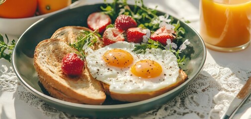 A vibrant breakfast plate featuring fried eggs, toasted bread, fresh strawberries, and herbs, complemented by a glass of orange juice.
