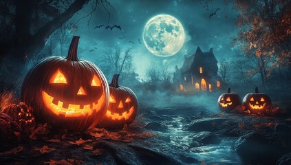 Naklejka premium Spooky Halloween scene with glowing jack-o'-lanterns by a creek, under a full moon. A mysterious house in the background adds to the eerie atmosphere.