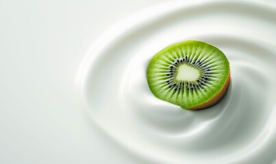 A vibrant green kiwi slice sits nestled in a swirl of creamy, smooth, white yogurt.