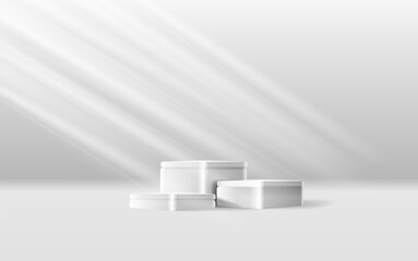 Realistic 3D corner stand podium set in white, gray color scene. Vector abstract geometric platforms design. Wall minimal scene cosmetic products stage showcase, Banner promotion display.