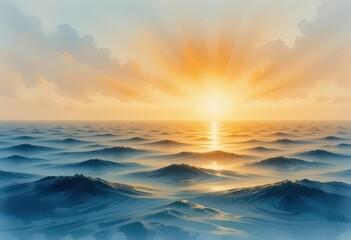 Obraz premium Warm Abstract Seascape Texture with Watercolor Style, Golden Sunlight Reflecting on Ocean Waves and Ripples Pattern, Calm and