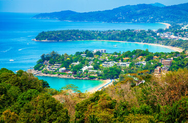 Scenic view of Karon and Kata Beach from the vewpoint in Phuket Thailand. Beautiful view from the mountain to the beaches of Phuket in Thailand. Scenic tourist spots in Phuket.